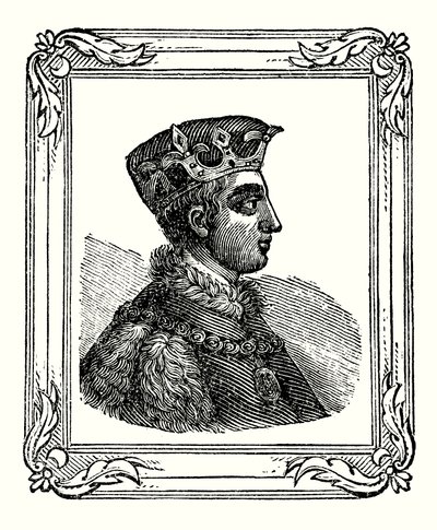 Jindřich V. se narodil v roce 1388, korunován v roce 1413 a zemřel v roce 1422 (rytina) od English School