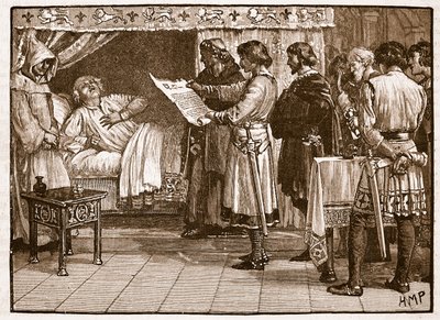 Jindřich přijímá zprávu o Johnsově zradě, ilustrace z Cassells Illustrated History of England (sépiová fotografie) od English School