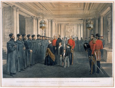 Její Veličenstvo královna Viktorie (1819-1901) a H.R.H princ Albert (1819-61) inspekce zraněných vojáků granátnické gardy v Buckinghamském paláci, 1855 od English School