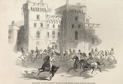 Její Veličenstvo a její vznešení hosté a suita odjíždějí z hradu Windsor na dostihy v Ascotu, z "The Illustrated London News", 14. června 1845. od English School