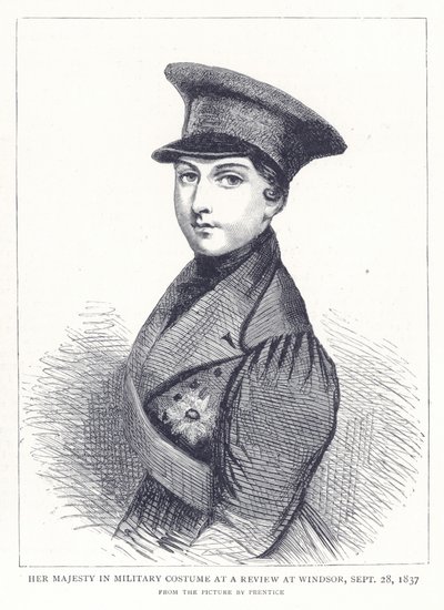 Její Veličenstvo ve vojenském kostýmu na recenzi ve Windsoru, 28. září 1837 od English School