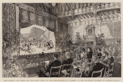 Její Veličenstvo královna a královský večírek na představení „Carmen“ v komoře Waterloo na zámku Windsor (rytina) od English School