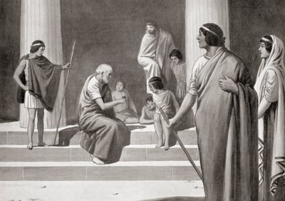 Hérakleitos hraje v kostky s chlapci, aby dal najevo své pohrdání obvyklými povoláními mužů, z Hutchinsonovy Dějiny národů, pub. 1915 od English School
