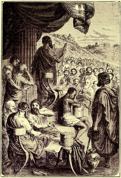 Herodotos čte svou Historii na veřejném festivalu, ilustrace z Ilustrované historie světa, vydané kolem roku 1880 (digitálně upravený obrázek) od English School