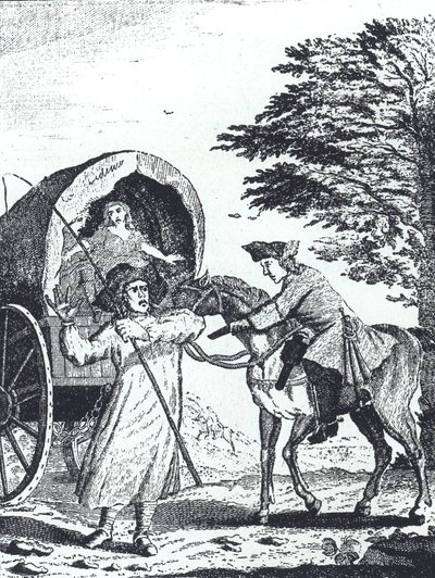 Highwayman John Cottington vyloupil armádní výplatní vůz na Shotover Hill (rytina) od English School