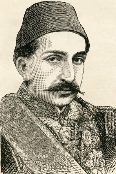 Jeho císařské Veličenstvo, sultán Abdulhamid II., osmanský císař, chalífa věrných, z filmu „Obyvatelé světa“ od G.T. Bettany, publikoval 1888 od English School