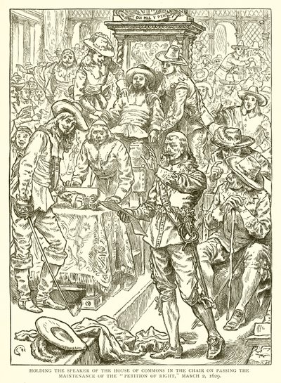 Držení předsedy Dolní sněmovny v předsednictví při schválení žádosti o zachování práva, 2. března 1629 od English School