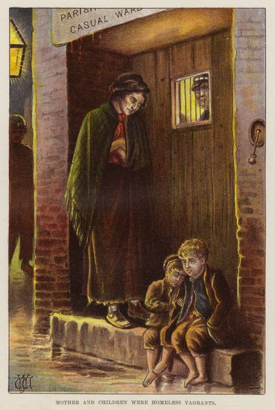 Matka a děti bez domova ve viktoriánské Británii (chromolitho) od English School