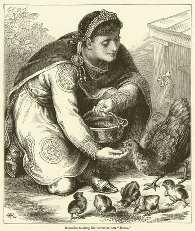Honorius krmí svou oblíbenou slepici "Řím" (rytina) od English School