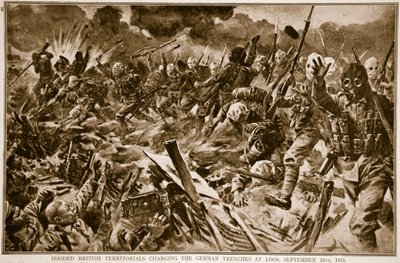 Britští teritoriální vojáci v kapucích útočí na německé zákopy u Loosu, 25. září 1915, 1914-19 od English School