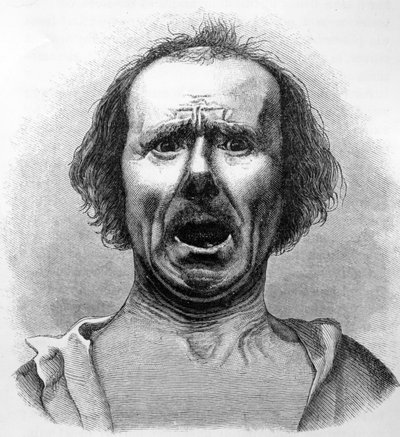 Hrůza a agónie, zkopírované z fotografie Dr. Duchenna, ilustrace z „Výraz emocí u člověka a zvířat“ od Charlese Darwina, publikované v roce 1872 od English School
