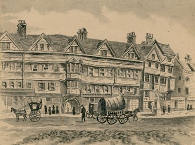 Přeprava tažená koňmi projíždějící před Staple Inn (wc na papíře) od English School