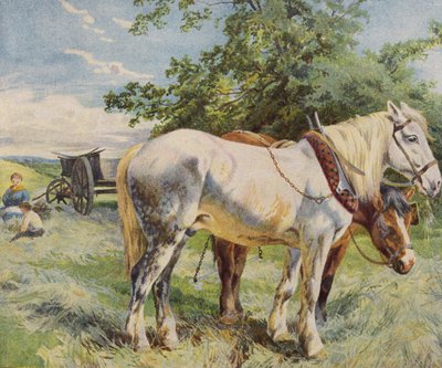 Koně odpočívající od práce na farmě (barva litho) od English School