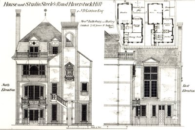 Haus und Studio, Steeles Road, Haverstock Hill, aus The Building News, 9. Februar 1877 von English School