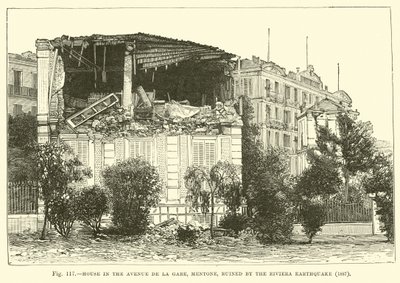 Dům na Avenue de la Gare, Mentone, zničený zemětřesením na Riviéře, 1887 od English School