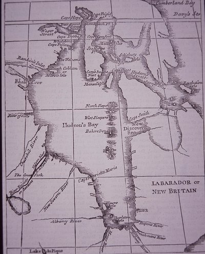 Hudson Bay Company, mapa Hudson Bay zveřejněná v roce 1744 od English School
