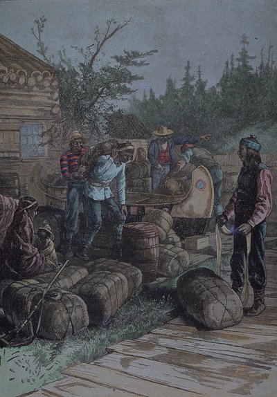 Hudson Bay Company, obchodní stanice v polovině 19. století, konec 19. století (rytina) od English School