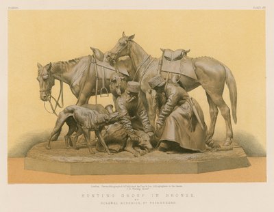 Bronzová lovecká skupina od plukovníka Siberiče, Petrohrad (chromolit) od English School