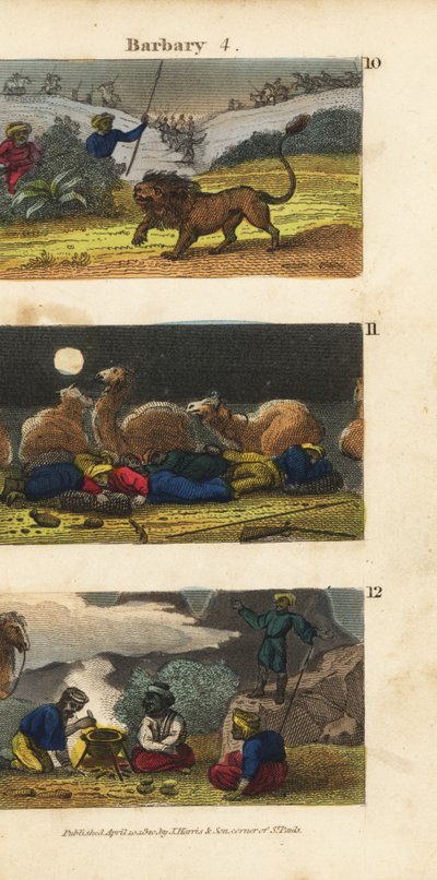 Lov lvů v Barbarských státech 10, velbloudy a řidiči spící v poušti 11 a Arabové zvoucí cestovatele na večeři 12 od English School