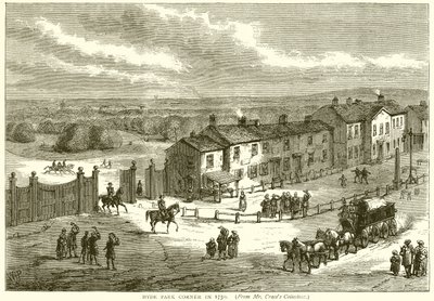 Hyde Park Corner v roce 1750 od English School
