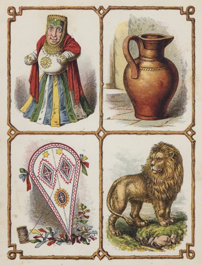 Idol, džbán, drak, lev (barevná litografie) od English School