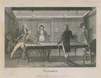 Ilustrace zobrazující skupinu mužů hrajících kulečník od English School