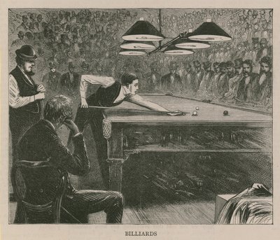 Ilustrace zobrazující muže hrající kulečník od English School