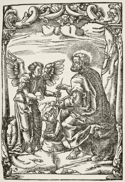 Ilustrace z počátku Tyndales prvního anglického překladu Nového zákona, vydaného v Kolíně nad Rýnem v roce 1525, z Národní a domácí historie Anglie od Williama Hickmana Smitha Auba od English School