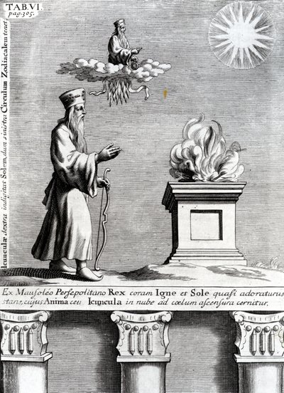 Ilustrace Zoroaster uctívající oheň a slunce, 1697 od English School