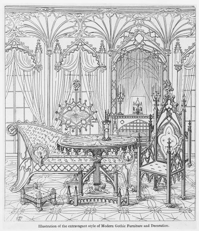 Ilustrace extravagantního stylu moderního gotického nábytku a dekorací, z True Principles of Pointed of Christian Architecture, od Augusta Welbyho Pugina (1812-52) od English School