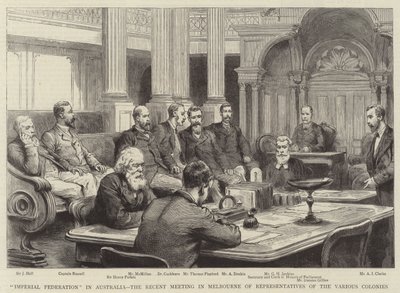„Imperiální federace“ v Austrálii, nedávné setkání zástupců různých kolonií v Melbourne (rytina) od English School