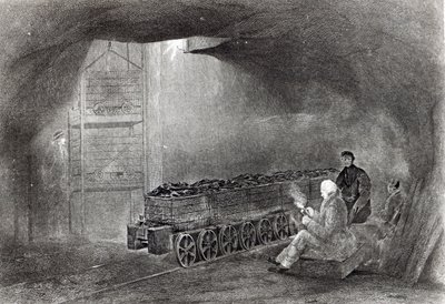 V uhelném dole, ilustrace z „Historie uhlí, koksu, uhelných polí a výroby železa v severní Anglii“ od W. Fordyce, vydané v roce 1860 od English School