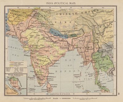 Indie, politická mapa (barevná litografie) od English School