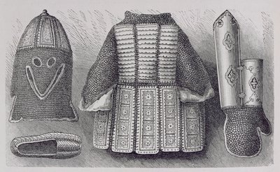 Indická souprava skládající se z helmy, tuniky, rukavic a bot z Bhuj, z Historie lidstva, svazek III, od prof. Friedricha Ratzela, 1898 od English School