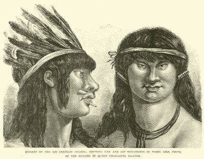 Indiáni z Rio Oermejo (Brazílie), zobrazující ozdoby na uši a rty ze dřeva, jako jsou ty z Hydahs na Ostrovech královny Charlotte od English School