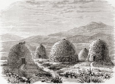 Obydlené chatrče na Uigu, ostrově Lewis ve Vnějších Hebridech v roce 1859, ze „Skotských obrázků kreslených perem a tužkou“, od Samuela G. Greena, publikované v roce 1886 od English School