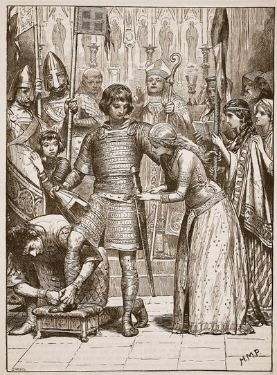 Zasvěcení do rytířského řádu, ilustrace z Cassells Illustrated History of England (sépiová fotografie) od English School