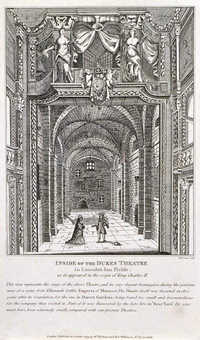 Uvnitř divadla Dukes, Londýn, vyryto Richardem Sawyerem, 1820 od English School