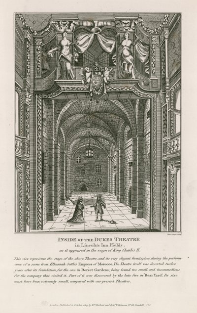 Uvnitř divadla Dukes v Lincolns Inn Fields, jak to vypadalo za vlády krále Karla II od English School