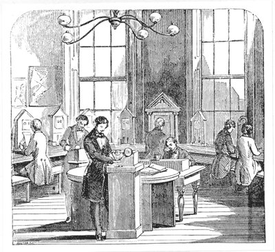 Přístrojová místnost v Electric Telegraph Office, Lothbury, Londýn, z The Museum of Science and Art od Dionysia Lardner, kolem roku 1860 od English School