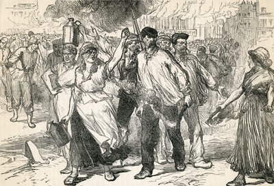 Povstalci pustoší ulice Paříže, převzato z Cassells Illustrated History, 1872 od English School