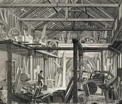 Vnitřní pohled na John Bunyans Meeting House v Zoar Street, Gravel Lane, Southwark, používaný jako dílna a pila, kolem roku 1822 (viz také 190619) od English School