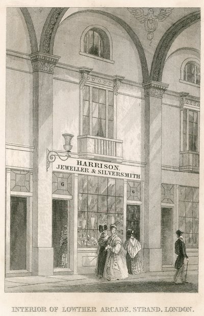 Interiér Lowther Arcade, Strand, Londýn, s Harrisonem, klenotníkem a stříbrníkem od English School