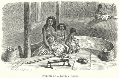 Interiér tonganského domu (rytina) od English School