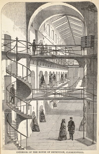 Interiér vazební věznice v Clerkenwellu, ilustrace z knihy The Criminal Prisons of London and Scenes from Prison Life od Henryho Mayhewa a Johna Binnyho, vyd. 1862 od English School