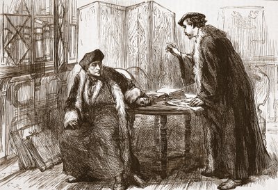Rozhovor mezi Erasmem a Kalvínem, ilustrace z Dějin protestantismu od Jamese Aitkena Wylie (1808-1890), pub. 1878 od English School