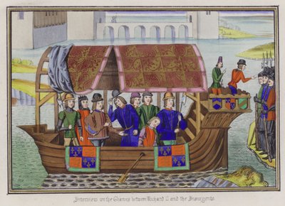 Rozhovor na Temži mezi králem Richardem II. a povstalci (barevná rytina) od English School