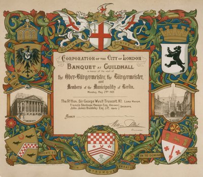 Pozvání od korporace Londýna na banket v Guildhall, 24. května 1909 od English School