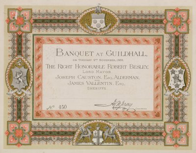 Pozvánka na banket v Guildhall v Londýně dne 9. listopadu 1869 od English School