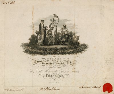 Pozvánka na Lord Mayors Dinner v Mansion House, Londýn, 3. dubna 1809 od English School